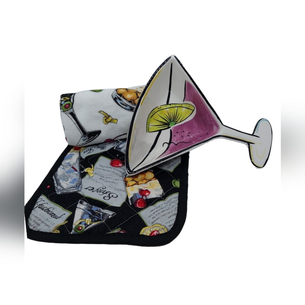 Clay Art Martini Shaped Snack Bowl/ Kithen Towel / Potholder by Kay Dee Designs